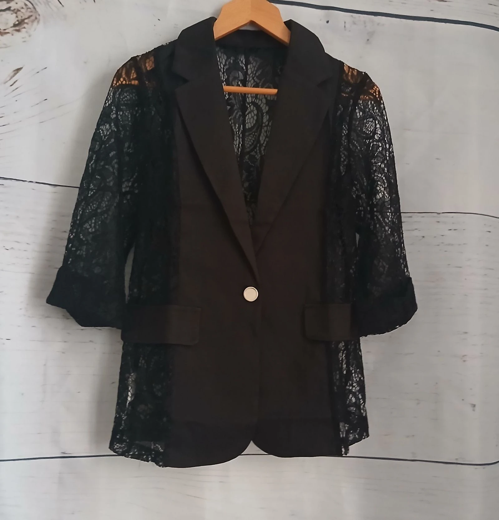 Veste / Blazer preto de dois materiais com renda – photo 2